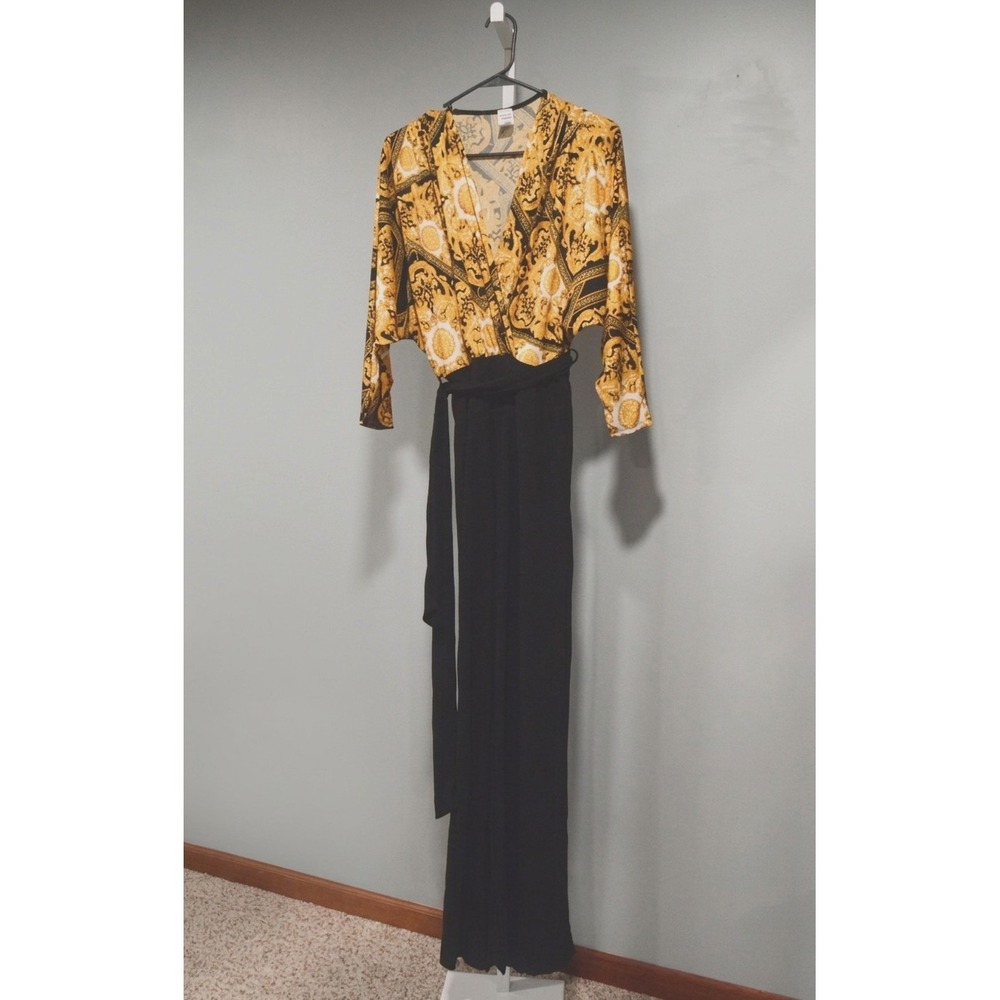 Janette Size XL Jumpsuit Surplice Geometric Bodice Black Wide Legs Elastic Waist